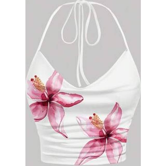 SHEIN Casual Floral Print Halter Tie Neck Blouse, Figure-Flattering Versatile Top Suitable For Summer, Beach, Music Festival