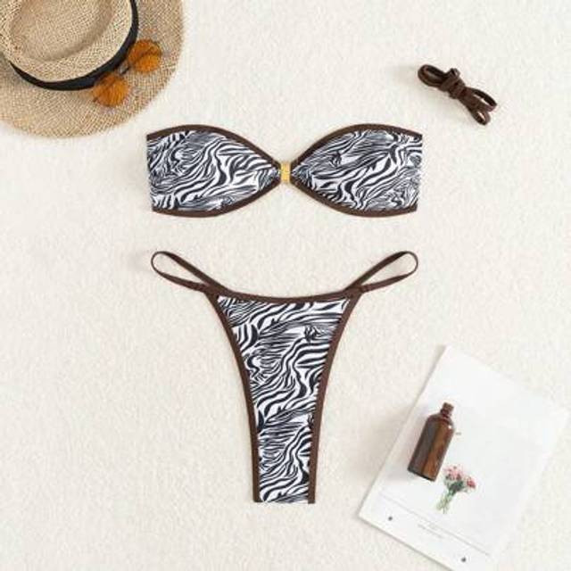 SHEIN 2pcs/Set Women&#39;s Metal Buckle Allover Print Contrast Trim Bikini Set For Summer Beach Vacation