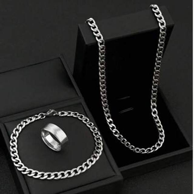 SHEIN 3pcs/Set Silver Cuban Link Chain Bracelet, Necklace And Ring Set, Versatile For Everyday Wear And Vacation, Best Birthday Gift For Him