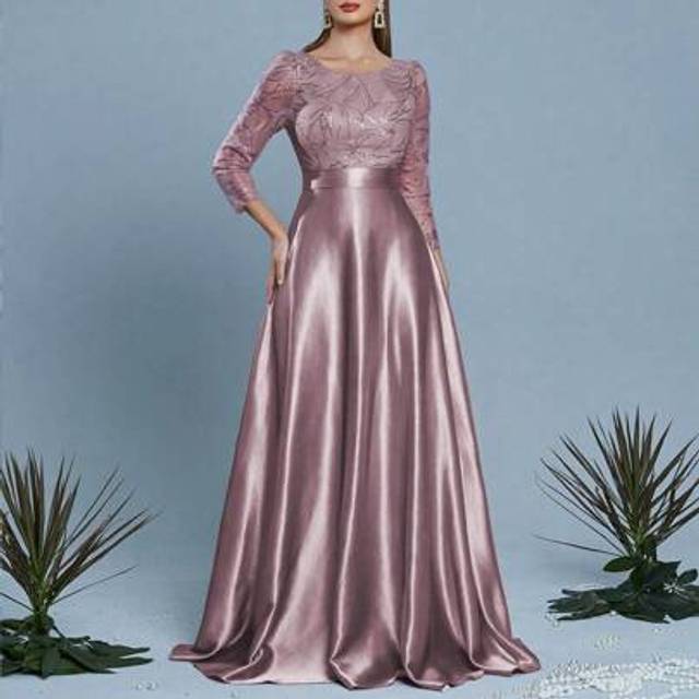 SHEIN Mgiacy New Arrival Round Neck Elegant Bridesmaid Dress Embroidery Sequin Three-Quarter Sleeve Long Dress, Formal, Party Dress, Gown, For Evening, Wedd