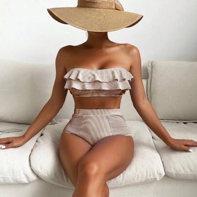 SHEIN 2pcs Striped Tankini Swimsuit With Triangle Bottoms, Fashionable For Summer