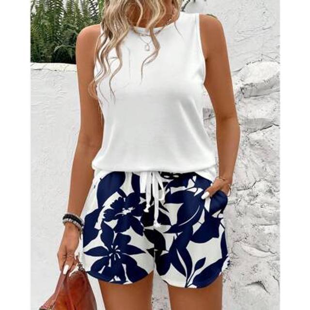 SHEIN Boho Chic Silhouette Flower Pattern Vacay Vibes Spring Break Women&#39;s Sleeveless Round Neck Vest And Short Sleeve 2-Piece Set, Suitable For Summer