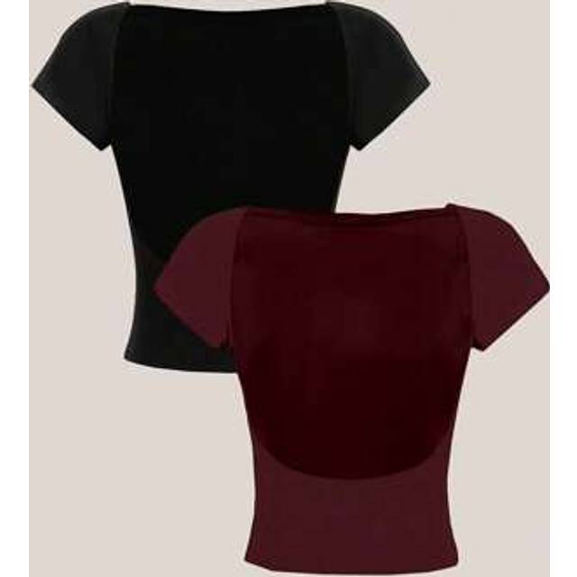 SHEIN 2pcs/Set Backless Black & Burgundy Round Neck Short Sleeve Tight Cropped T-Shirt For Women, Summer Suitable For Going Out