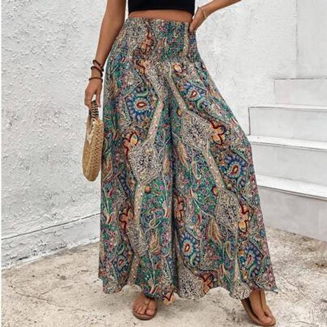 SHEIN Bohemian Style Elastic Waist Loose Wide Leg Pants Culottes