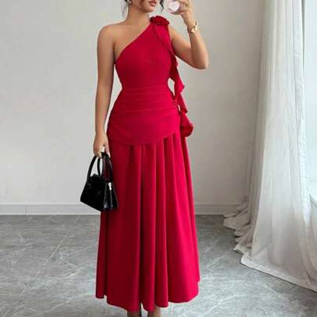 Calvaya Women 3D Floral Decor Asymmetrical Neck Ruched Waist Dress