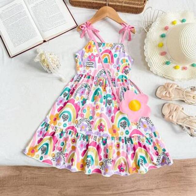 SHEIN Young Girl&#39; Rainbow Print Ruffle Hem Slip Dress With Flower Decor Bag, Casual Daily Holiday Outfit