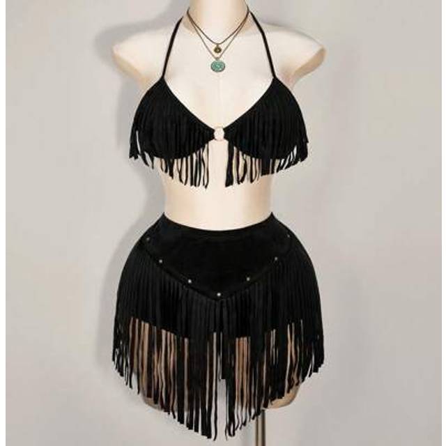 SHEIN Plus Size Ladies&#34; Western Music Festival Chamois Low Rise Frayed Rivet Tassel Mini Skirt