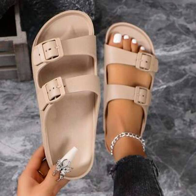 SHEIN Women&#39;s Khaki Color Double Strap EVA Sandals With Buckle, Anti-Slip Durable Soft Comfortable Shock Absorbing Outdoor Beach Slippers