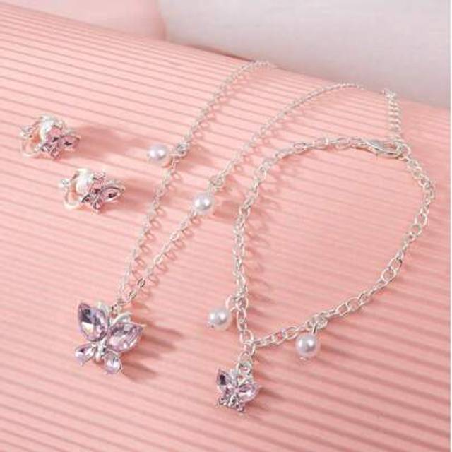 SHEIN 4pcs/Set Kids Pink Diamond-Shaped Butterfly & Faux Pearl Necklace, Bracelet, Earclips Set