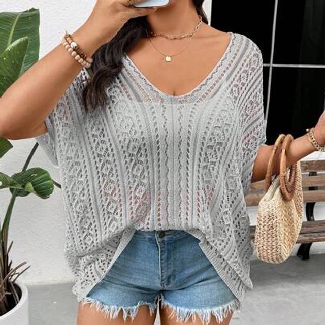 SHEIN Casual Simple Pullover Crochet Knit Sweater For Plus Size Women, White, Suitable For Holiday