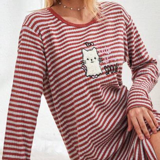 RueChic 100%Cotton Letter & Cartoon Embroidery Striped Nightdress