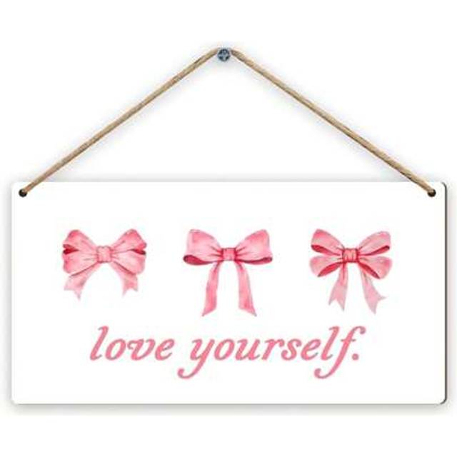 SHEIN 1PC Wall Arts Pink Bow Preppy Wood Sign Hanging Plaque, Preppy Room Decor Quotes, Girly Room Bedroom Decor, Love Yourself Inspirational Wooden Signs F