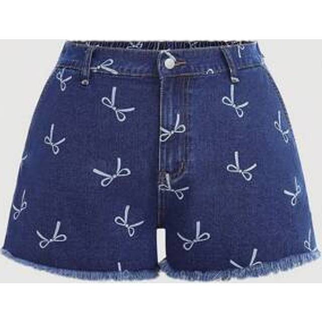 SHEIN Plus Size Denim Shorts, Casual Fit High Waisted With Bow Decor, Blue
