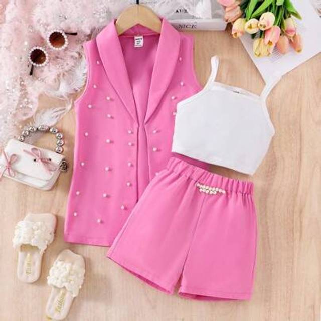 SHEIN 3pcs Young Girl Formal Set: Pink Blazer Jacket, Pearl Decorated Knit Camisole, Shorts For Girls, Casual Vacation Elegant Outfit