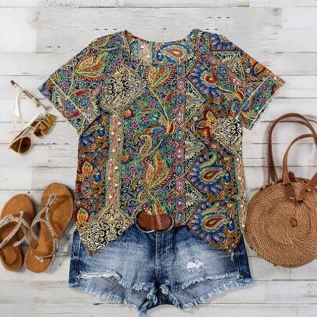 SHEIN Women&#39;s Casual Bohemian Retro Print Round Neck Ruffle Sleeve Blouse, Spring/Summer
