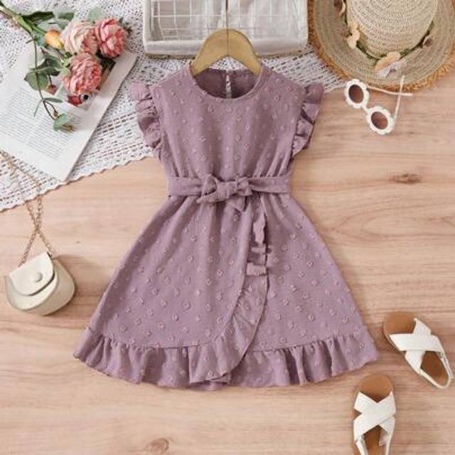 SHEIN Mother-Daughter Matching Outfit: Girl & Girls Short Sleeve Woven Jacquard Summer Dress, Sweet & Lovely Solid Color Casual Ruffled Waisted Dress, Girls