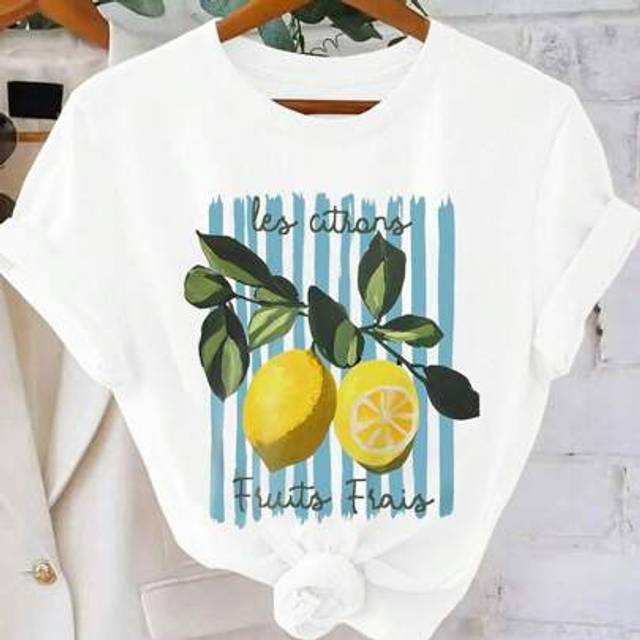 SHEIN Round Neck Short Sleeved T-Shirt With Slogan And Lemon Pattern In Spring And Summer