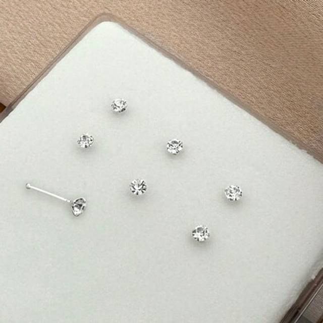 SHEIN 6pcs Minimalist 925 Sterling Silver Body Chain Nose Studs, 2.5mm Four-Claw Diamond Ball Nose Piercing Jewelry, Suitable For Women/Girlfriends