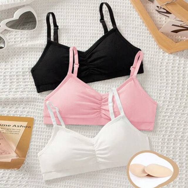SHEIN 3pcs/Set Tween Girl Minimalist Comfortable Ruched V-Neck Breathable Soft Underwear Set, Includes Removable Padded Cups & Adjustable Straps