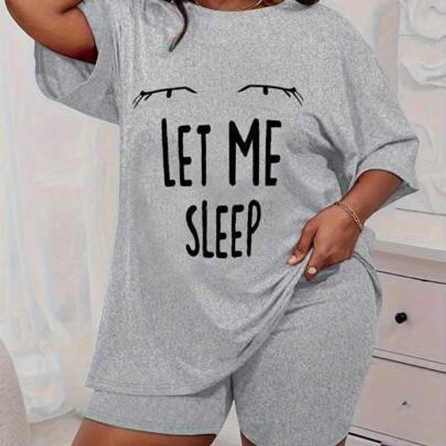SHEIN Plus Size Women Casual Outfit, Eye & Slogan Print Short Sleeve Loose T-Shirt And Shorts Pajama Set, Suitable For Spring And Summer Vacation