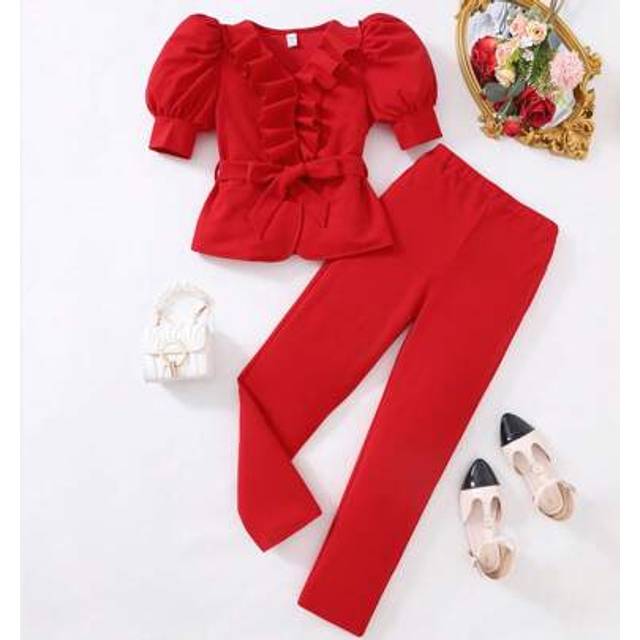 SHEIN Tween Girl Casual Elegant Ruffle V-Neck Puff Sleeve Belted A-Line Shirt Top And Slim Fit Pants Set