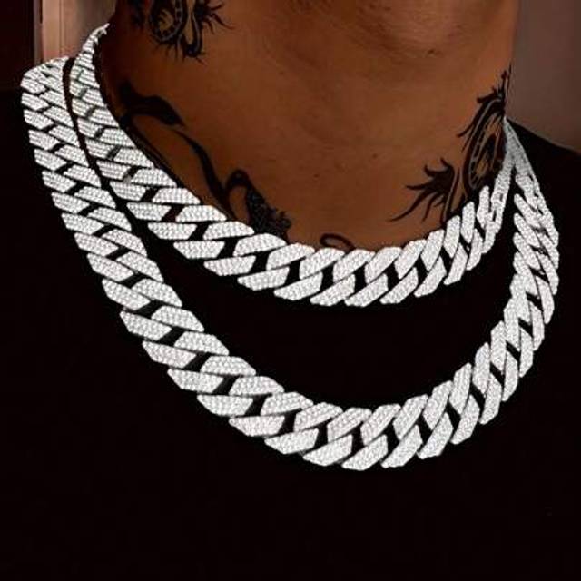 SHEIN 1pc 15mm Cuban Link Chain Curb Chain Necklace, Unisex 3 Rows Rhinestone Hip Hop Necklace Faux Rhinestone Chain For Father&#39;s Day Gift