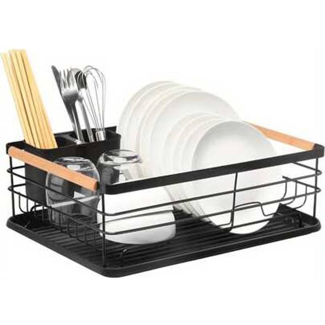 SHEIN Dish Drainer Rack With Removable Drip Tray - Large Space Saving Kitchen Drying Rack For Plates, Bowls & Cutlery - Rust-Proof Metal Frame With Wooden H