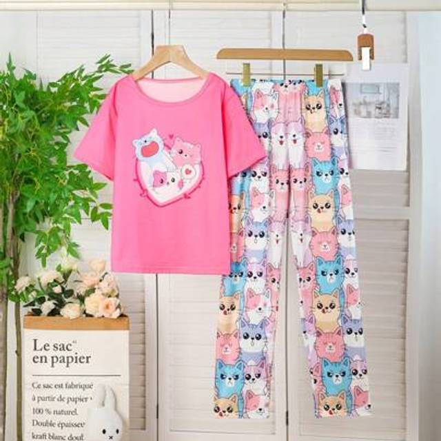 SHEIN Cute Cat Print Colorblock Heart INS Style Girls Pajamas