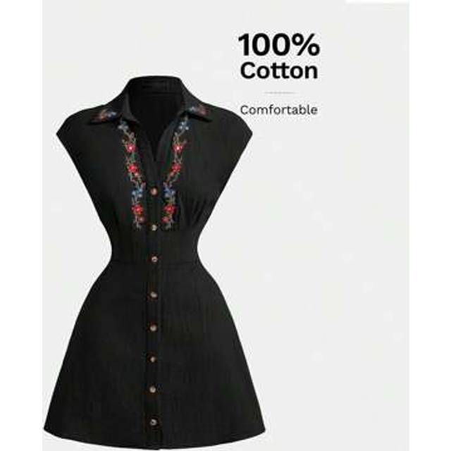 SHEIN Floral Embroidery Lapel Sleeveless Fitted A-Line Hem Black Dress,Dresses For Women Summer
