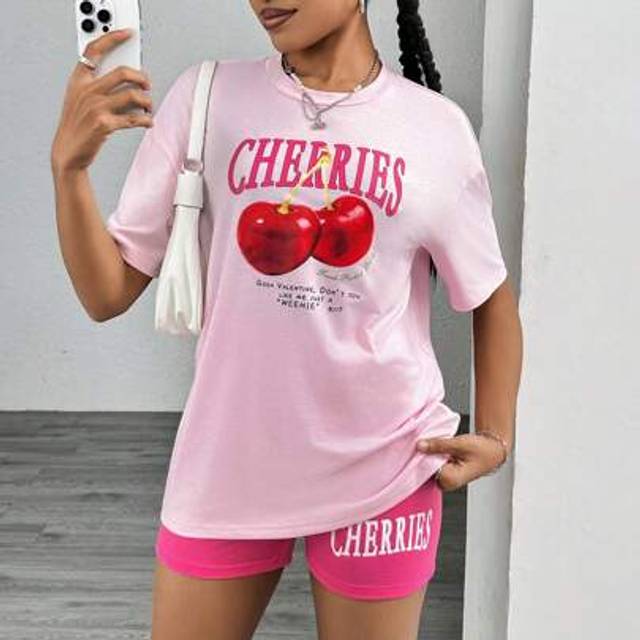 SHEIN 2 Pieces Set: Teen Girls Comfortable Cherry Print T-Shirt + Tight Shorts, All-Match Style, Versatile For Home & Outdoor Wear