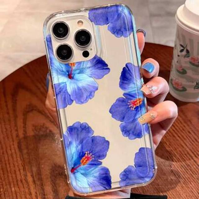 SHEIN Blue Hibiscus Flower Print Clear Case Compatible With IPhone 16/11/12/13/14/15/15pro/15 Plus/15 Promax/7plus/8plus/X/Xs Max/Xr/11pro/12pro/13pro/14pro