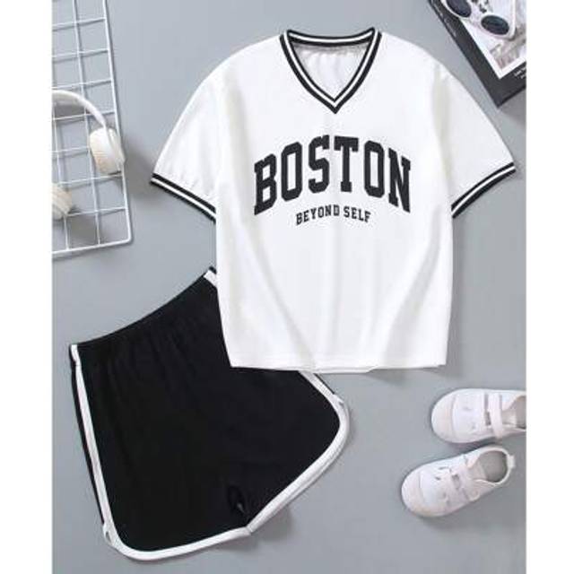 SHEIN 2 Pieces Sports Style Big Tween Girls Summer Casual Sports Letter Print Mesh Breathable V-Neck Short Sleeve T-Shirt And Shorts Set
