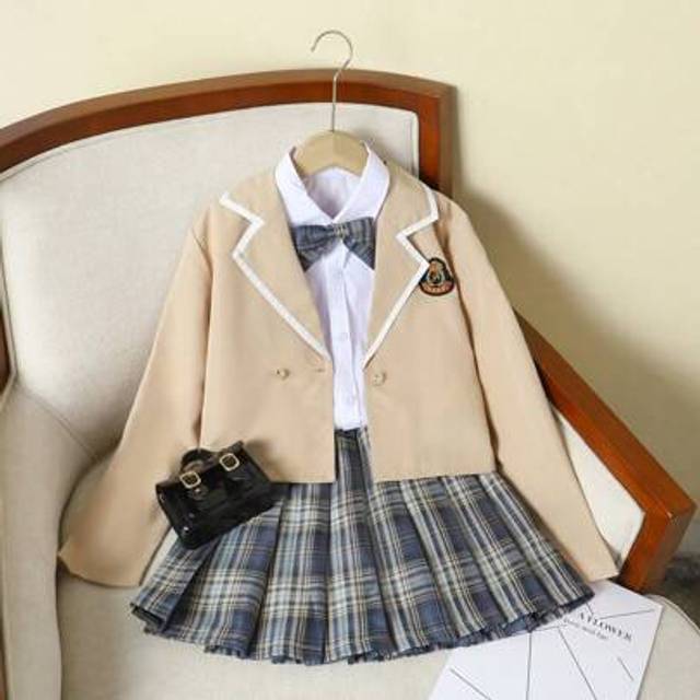 SHEIN 2pcs/Set Girls Collegiate Style Blazer Top And Pleated Plaid Skirt Set, Spring/Autumn