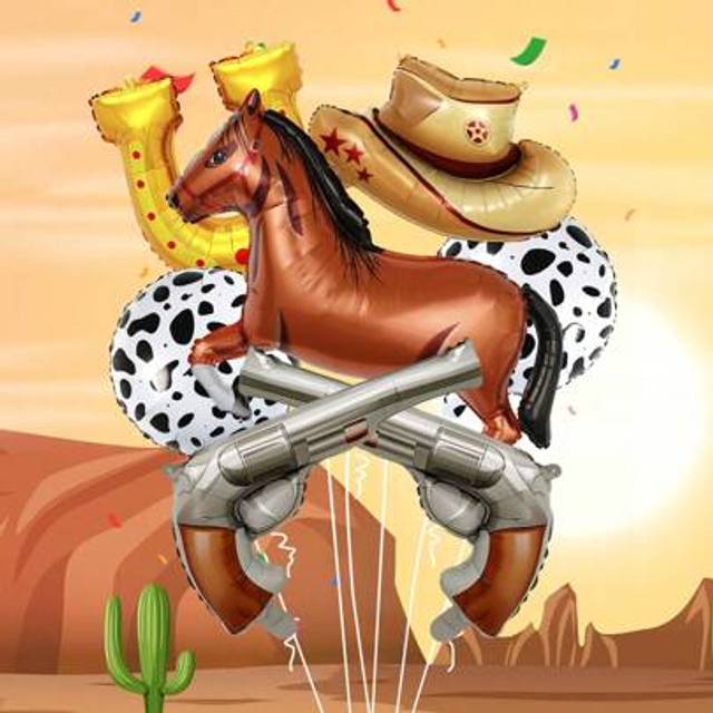 SHEIN 2/7pcs Western Theme Birthday Party Decor Set, Includes Brown Cowboy Hat Balloons, Brown Horse Foil Balloons, Cow Balloons And Six Shooter Balloons, S