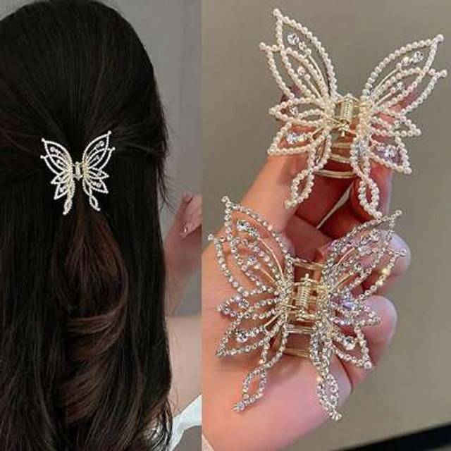 SHEIN 1pc Sweet Pearl Rhinestone Butterfly Glisten Clip Back Head Korea New Hairpin Elegant Fashion Hair Claw Clip High-Grade Hair Accessories