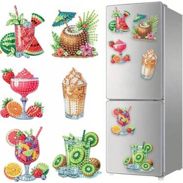 SHEIN 6pcs Diamond Art Fridge Magnets, Cute Summer Beverage Diamond Painting Decoration DIY Diamond Painting Magnet Kits Suitable For DIY Crafts Gifts Fridg