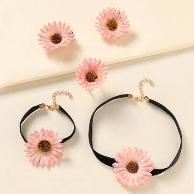 SHEIN 5pcs/Set Girls&#39; Daisy Flower Necklace, Bracelet, Ring, Hair Clip Jewelry Set
