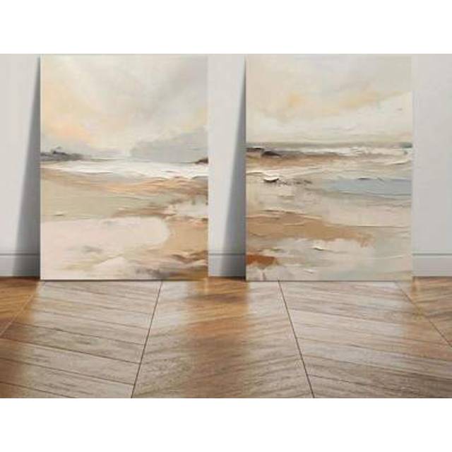 SHEIN 2PCS Wooden Framed Canvas Prints Featuring Decorative Artwork, Including Abstract Oil Paintings Of A River Beach, Retro Color Schemes, And Indoor Wall