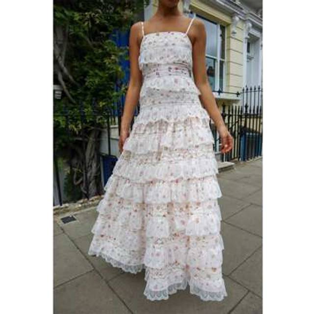 SHEIN Women Ruffle Tiered Floral Maxi Dress Y2K Spaghetti Strap Sleeveless Layered Flowy Dress Boho Long Dresses Summer Beach