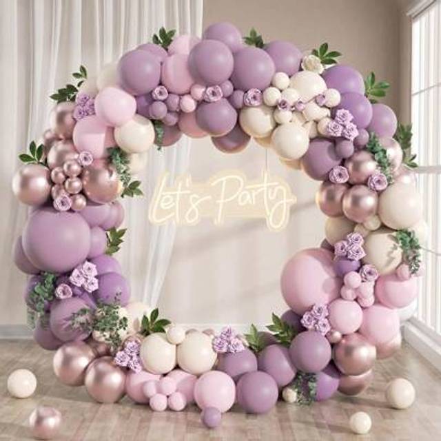 SHEIN 97pcs Purple Pink White Champagne Gold Balloon Chain Set & 2pcs Balloon Accessories,Holiday Birthday Wedding Party Wall Backdrop Decoration Balloon Se