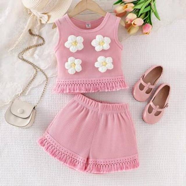 SHEIN 2pcs Young Girl Waffle Knit Lace Trim Floral Print Camisole Top And Shorts Set, Pink, Refreshing Summer Casual Holiday Outfit, Cute And Lively