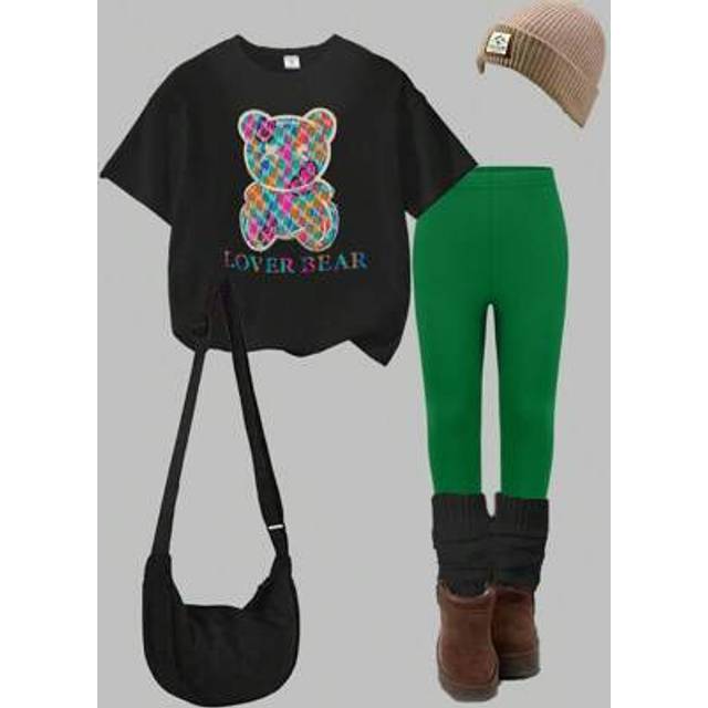 SHEIN Young Girl Casual Fashionable Creative Cute Graphic Letter Print Tee And Leggings 2-Piece Set