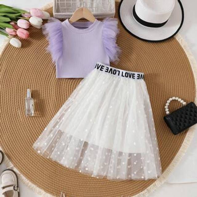 SHEIN 2pcs/Set Young Girl Solid Color Mesh Cap Sleeve T-Shirt And Polka Dot Mini Skirt