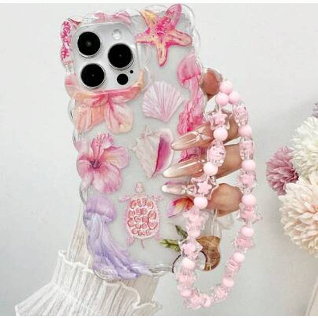 SHEIN Macrame Wavy Edge High-End TPU Flower Turtle Painting Shockproof Phone Case With Handmade Beaded Bracelet Accessory, Compatible With IPhone 16/11/16pr