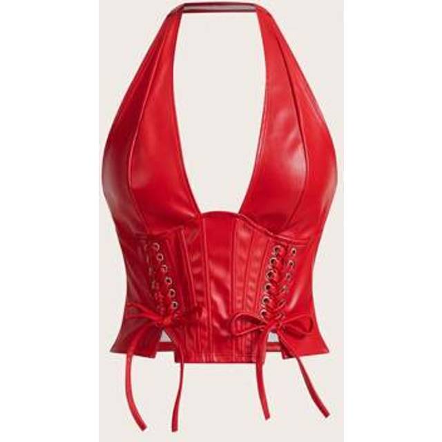 SHEIN Women&#39;s Solid Color Simple Casual PU Leather Halter Neck Grommet Decor Tied Tank Y2K Going Out Burgundy V-Neck Off Shoulder Top