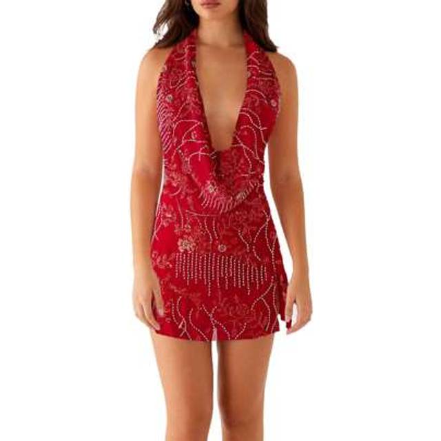 SHEIN Women Sequin Halter Neck Floral Bodycon Mini Dress Sheer Mesh Cowl Neck Plunge V-Neck Sleeveless Tie Up Beaded Side Split Short Dress Backless Holiday