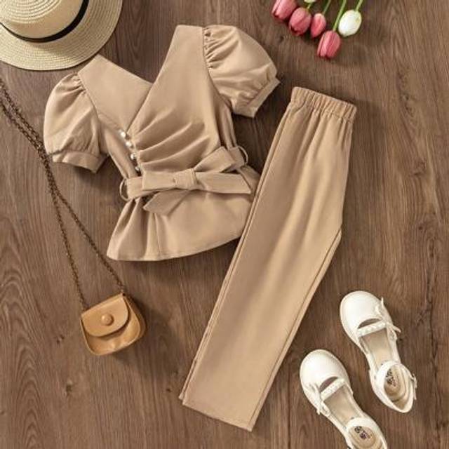 SHEIN 2pcs/Set Young Girls Puff Sleeve V-Neck Top With Belt & Long Pants