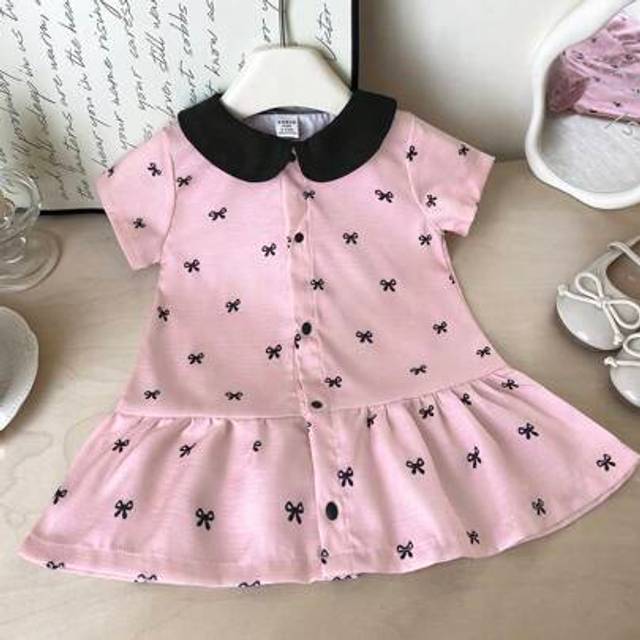 SHEIN Baby Girls&#39; Cute Peter Pan Collar Butterfly Print Ruffle Hem Jacquard Fabric Short Sleeve Dress, Pink, Summer