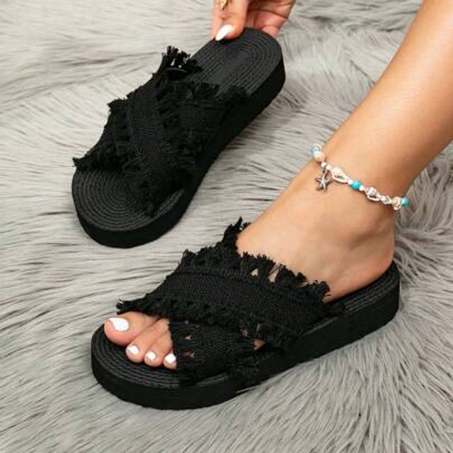 SHEIN Women&#39;s Platform Wedge Slides Thick Bottom Slippers, Black Bohemian Tasseled Beach Sandals With Criss-Cross Straps, Summer