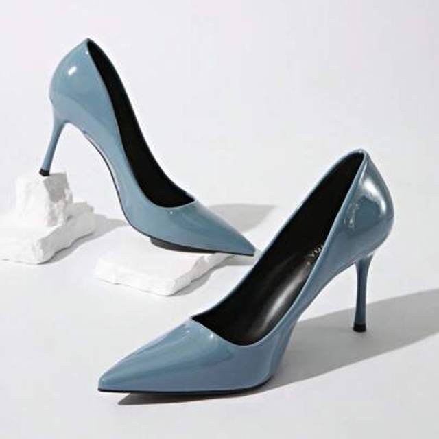 SHEIN Women&#39;s High-End Light Blue Glitter Pointed Toe Low Vamp Clubwear Sexy Fashion 8.5cm High Heel Pumps